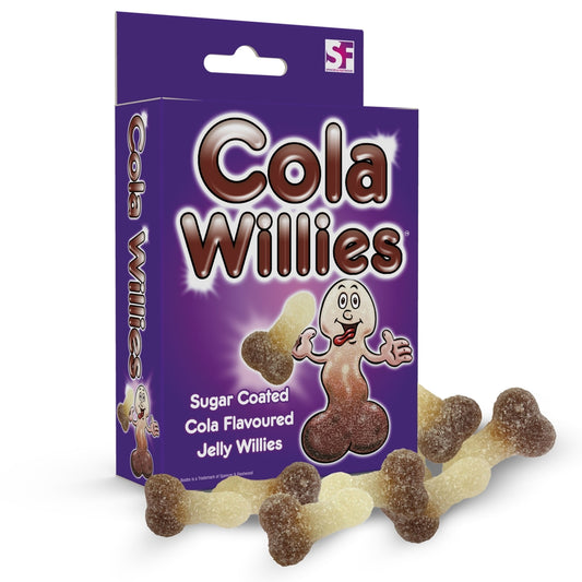 Packaging of Cola Willies with a cartoon willy character on a white background