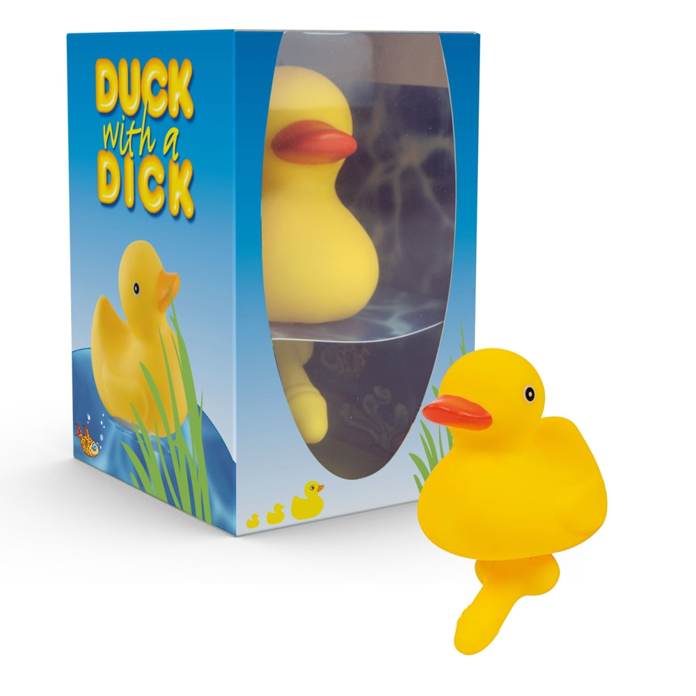 Yellow rubber duck with packaging labeled 'Duck with a Dick' on a white background