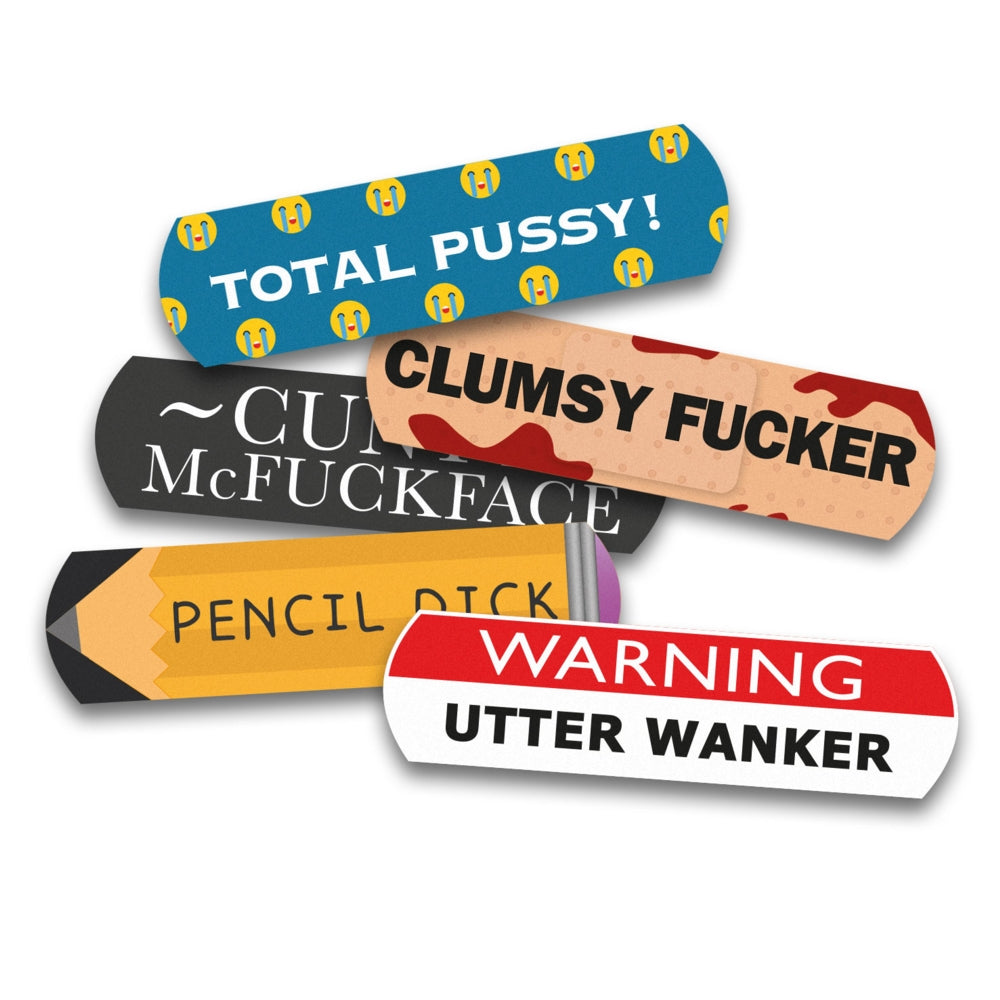 Five novelty adhesive bandages with humorous and explicit text, arranged in a fan-like stack on a plain white background. The designs include a blue bandage with yellow emoji faces and the text 'TOTAL PUSSY!', a black bandage with white text reading 'CURSE MCFUCKFACE', a tan bandage with red splatter and the text 'CLUMSY FUCKER', a yellow pencil-shaped bandage with black text reading 'PENCIL DICK', and a red and white warning-style bandage reading 'WARNING UTTER WANKER'.