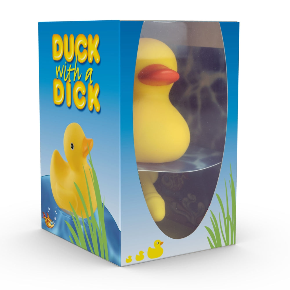 Rubber duck in packaging with 'Duck with a Dick' text on a blue background