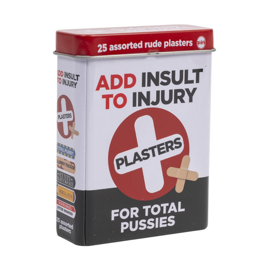 A rectangular metal tin with a red, white, and black design. The front reads 'ADD INSULT TO INJURY' with a large red-and-white cross and bandage graphic, and 'PLASTERS' across it.