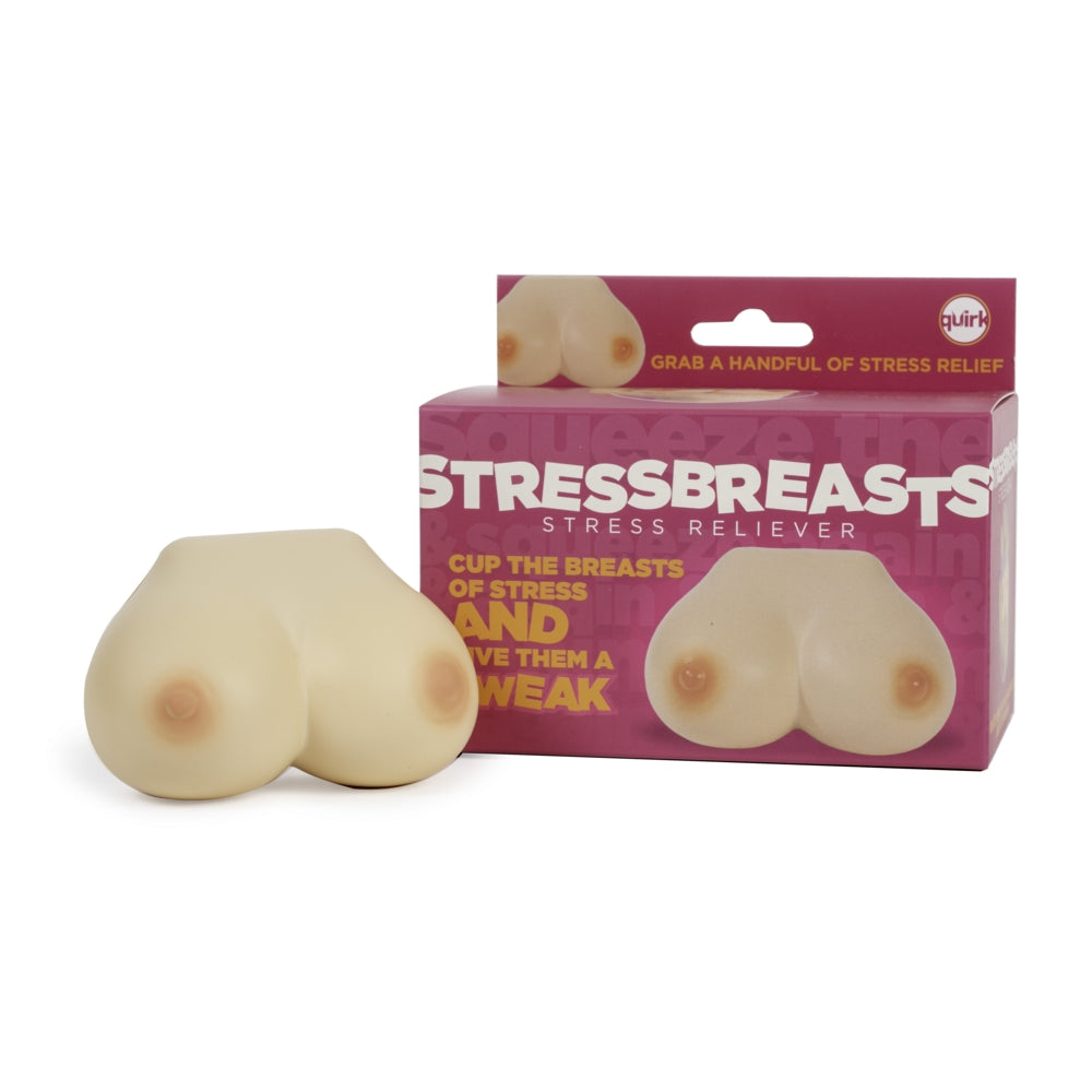 Two beige silicone breast-shaped stress reliever toys displayed in front of their pink retail packaging box on a white background.