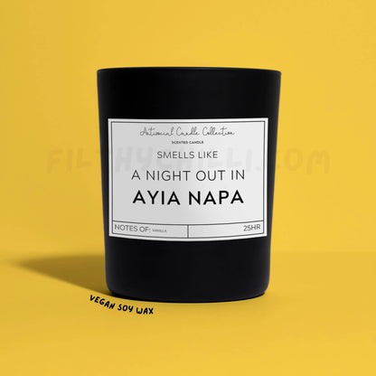 Smells like a night out in Ayia Napa black glass soy wax candle