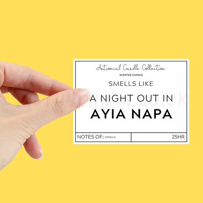 Smells like a night out in Ayia Napa candle label