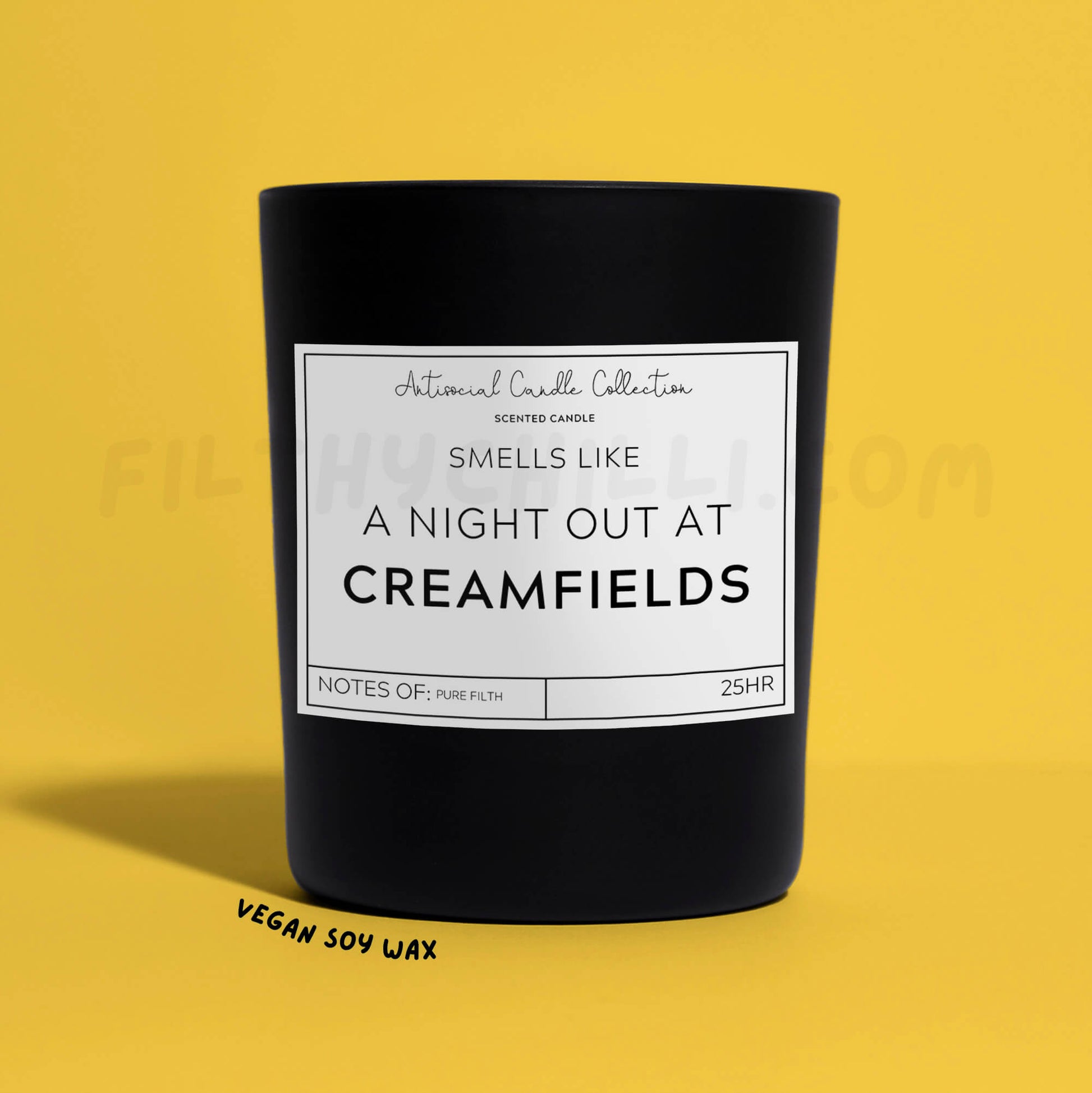 smells like a night out at Creamfields festival black glass soy wax candle