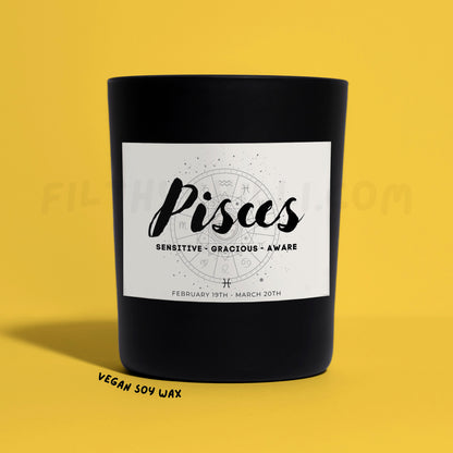 Pisces Star Sign Black Glass Soy Wax Candle