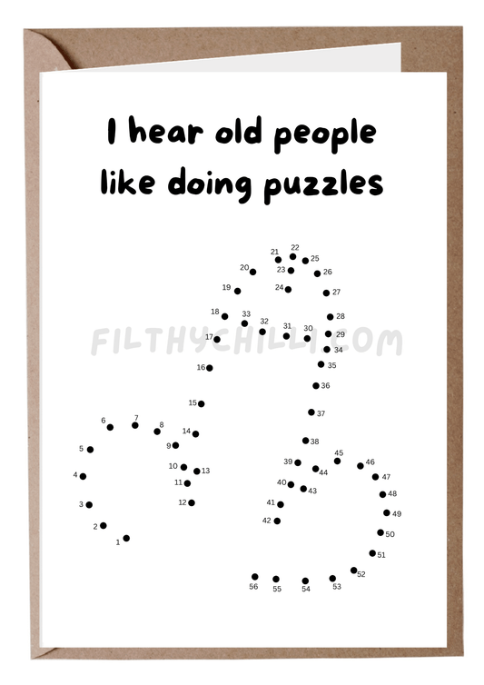 Greeting card with a humorous message 'I hear old people like doing puzzles' and a puzzle pattern made of dots forming a word or phrase.