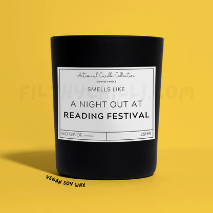 Smells like a night out at Reading Festival black glass soy wax candle