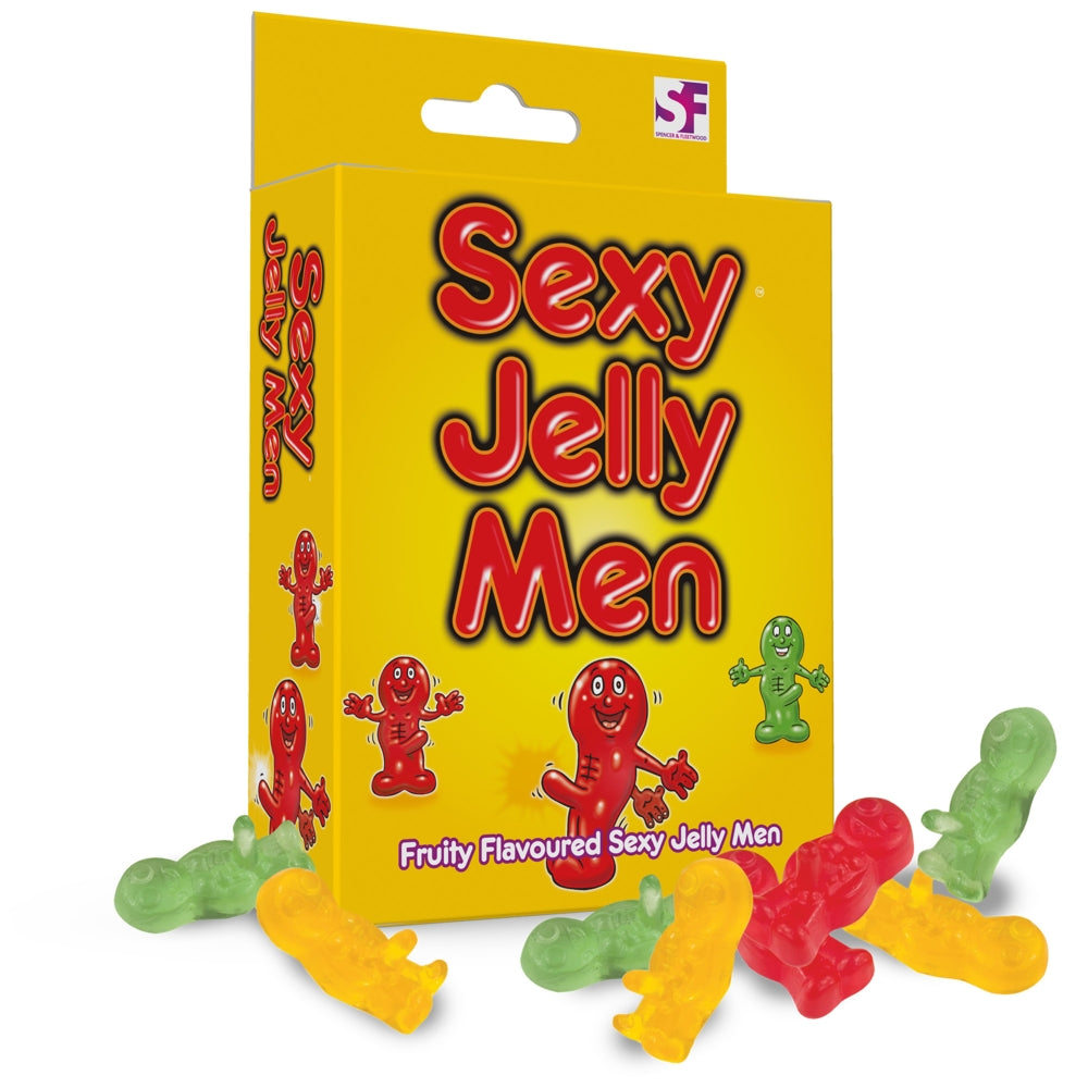 Yellow packaging of 'Sexy Jelly Men' with colorful jelly men sweets on a white background