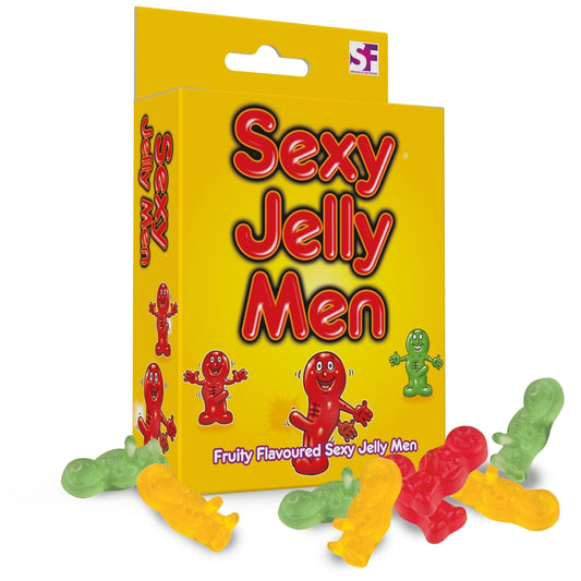 Yellow packaging of 'Sexy Jelly Men' with colorful jelly men sweets on a white background