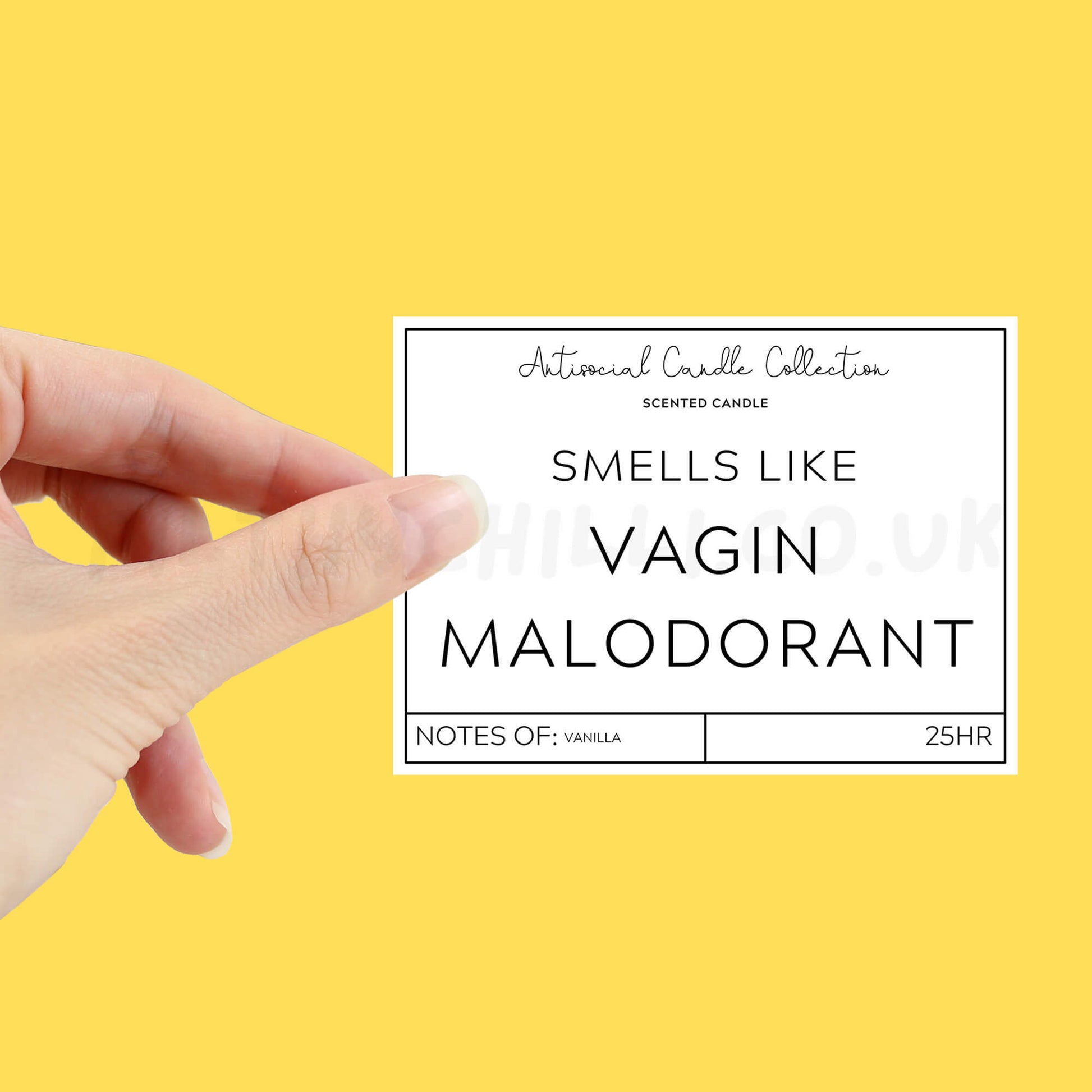 Smells like vagin malodrant candle label