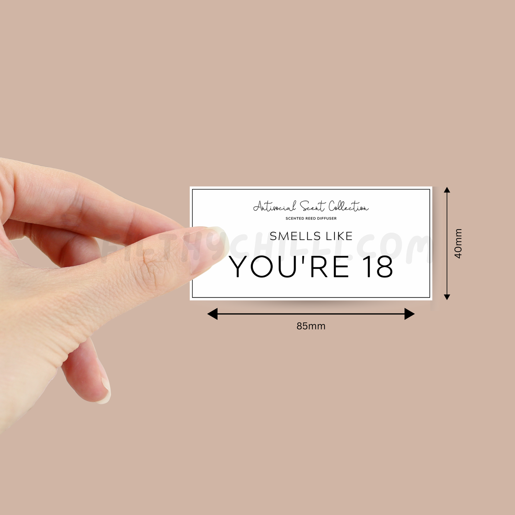 These funny labels are created to replace original labels on any store bought or handmade reed diffuser. This label has the quote ‘Smells Like You Are 18'. The label is white with black text and black border. It has the collection name of Antisocial Scent Collection at the top and funny quote in the centre. The label is rectangle and is 85mm x 40mm.  They are designed to create your own funny unique gift at home.